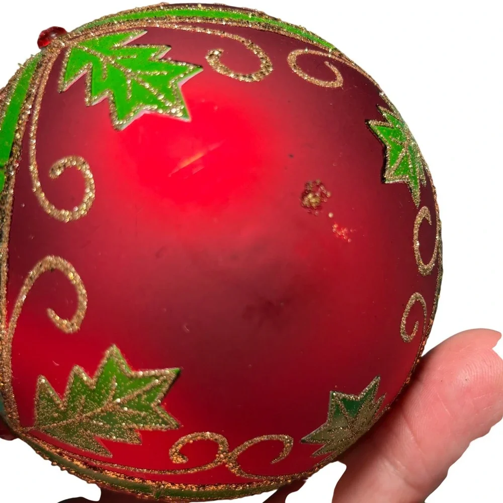 Christmas Ornament Red Vintage‎ Glass Holly Gold Glitter 4